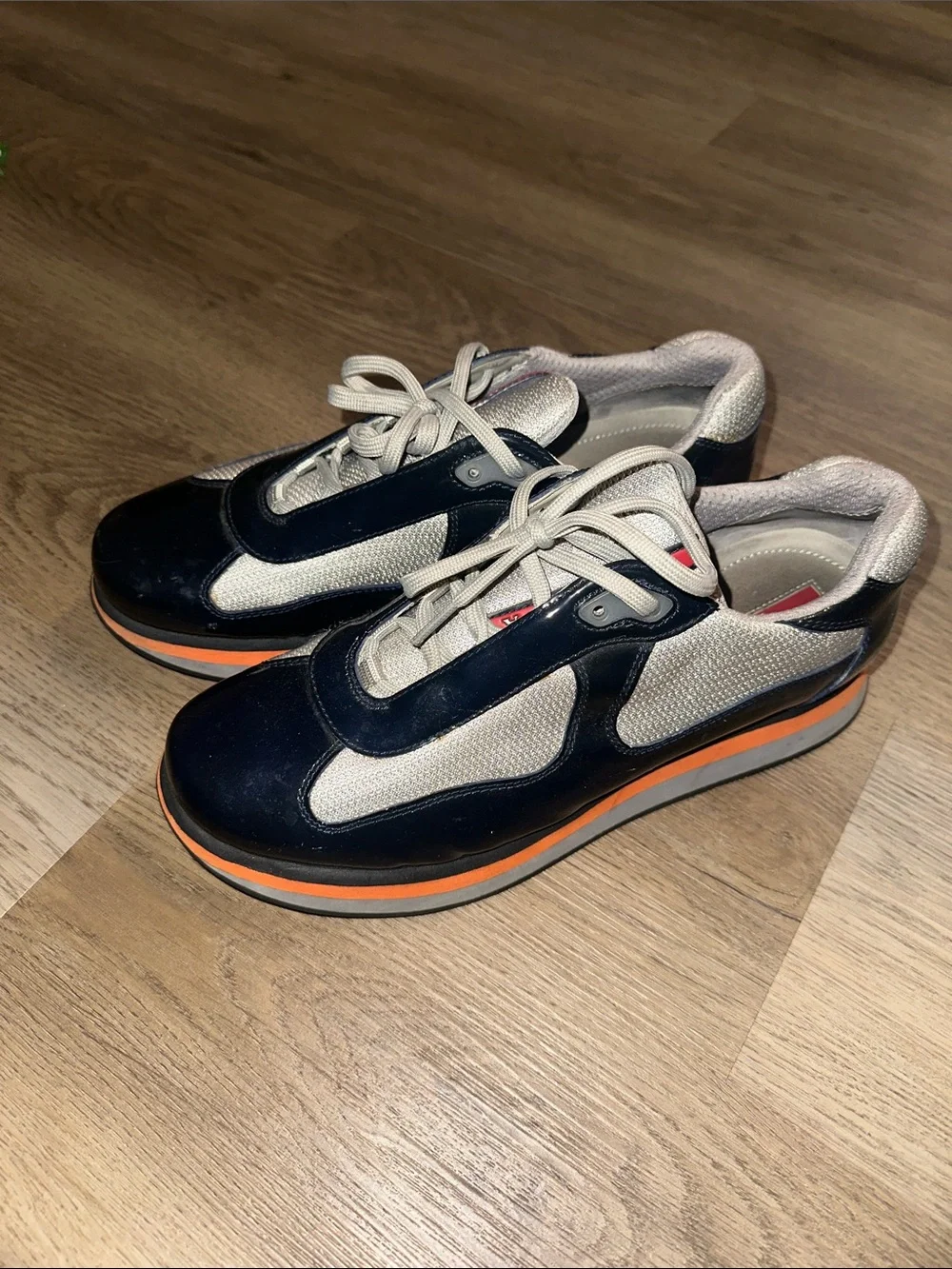 Prada Navy and Light Gray Sneakers with Orange Stripe
